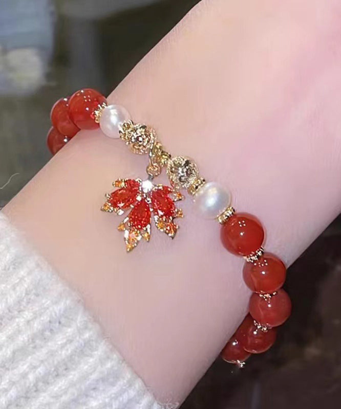 Bracelet à breloques en alliage de cuivre rouge de style chinois avec perles et feuilles d'érable en agate - Street-Wave
