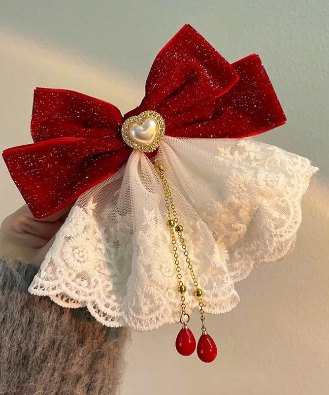 Épingle à cheveux papillon en dentelle et perles rouges de style chinois - Street-Wave