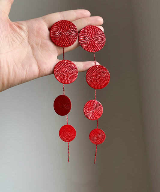Boucles d'oreilles pendantes à pampilles et sequins rouges en métal de style chinois - Street-Wave