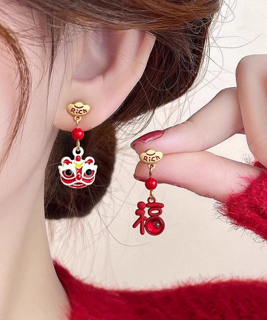 Boucles d'oreilles pendantes asymétriques en alliage d'argent sterling rouge de style chinois, motif lion - Street-Wave