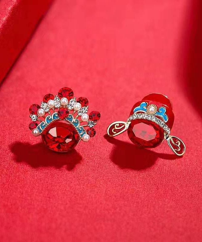 Boucles d'oreilles à tige asymétriques en argent sterling rouge et zircon surdoré de style chinois - Street-Wave