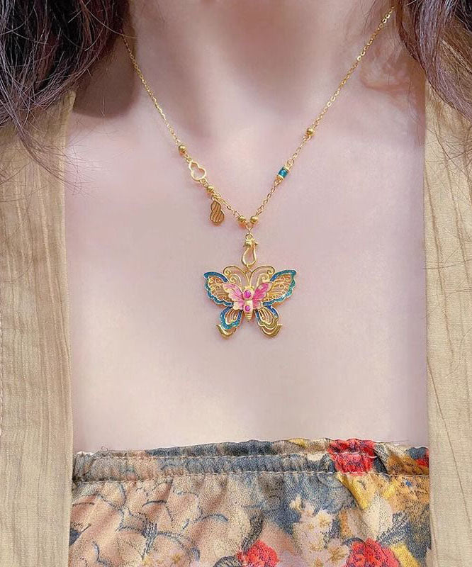 Collier pendentif papillon en argent sterling émaillé surdoré de style chinois - Street-Wave