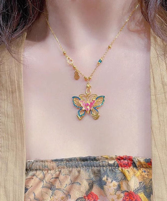 Collier pendentif papillon en argent sterling émaillé surdoré de style chinois - Street-Wave