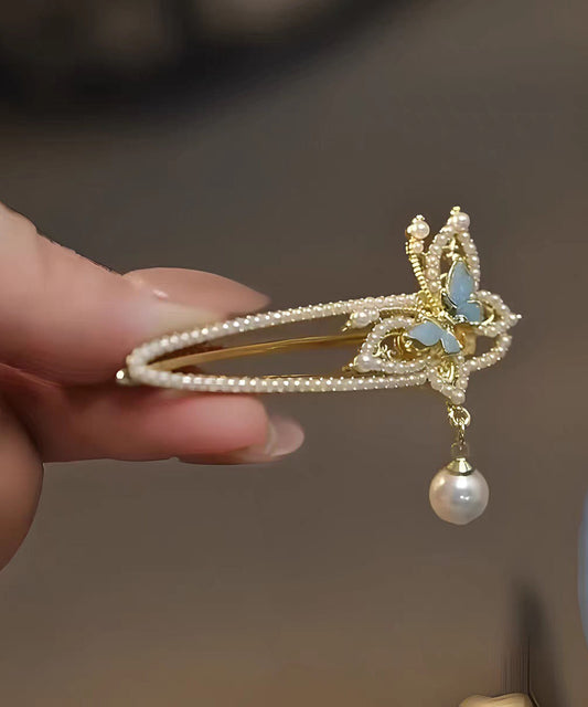 Épingle à cheveux à pompon en alliage blanc de style chinois avec perles et papillon - Street-Wave