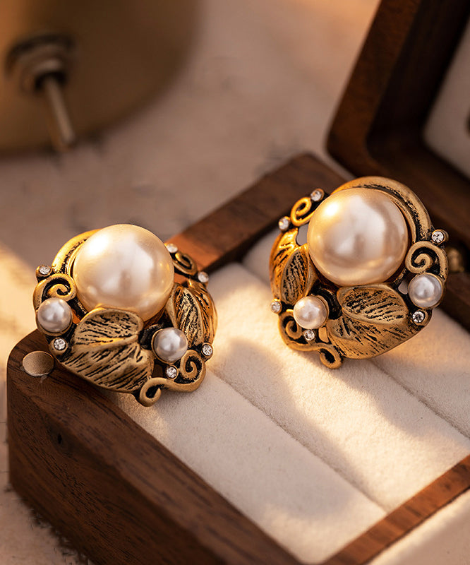 Boucles d'oreilles à tige en perles incrustées d'or blanc antique de style chinois - Street-Wave