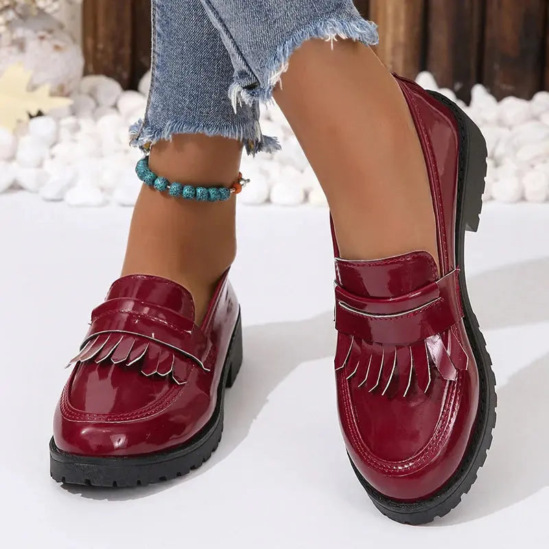Street-Wave Women Chunky Patent Loafers With Fringe Tassels Chic