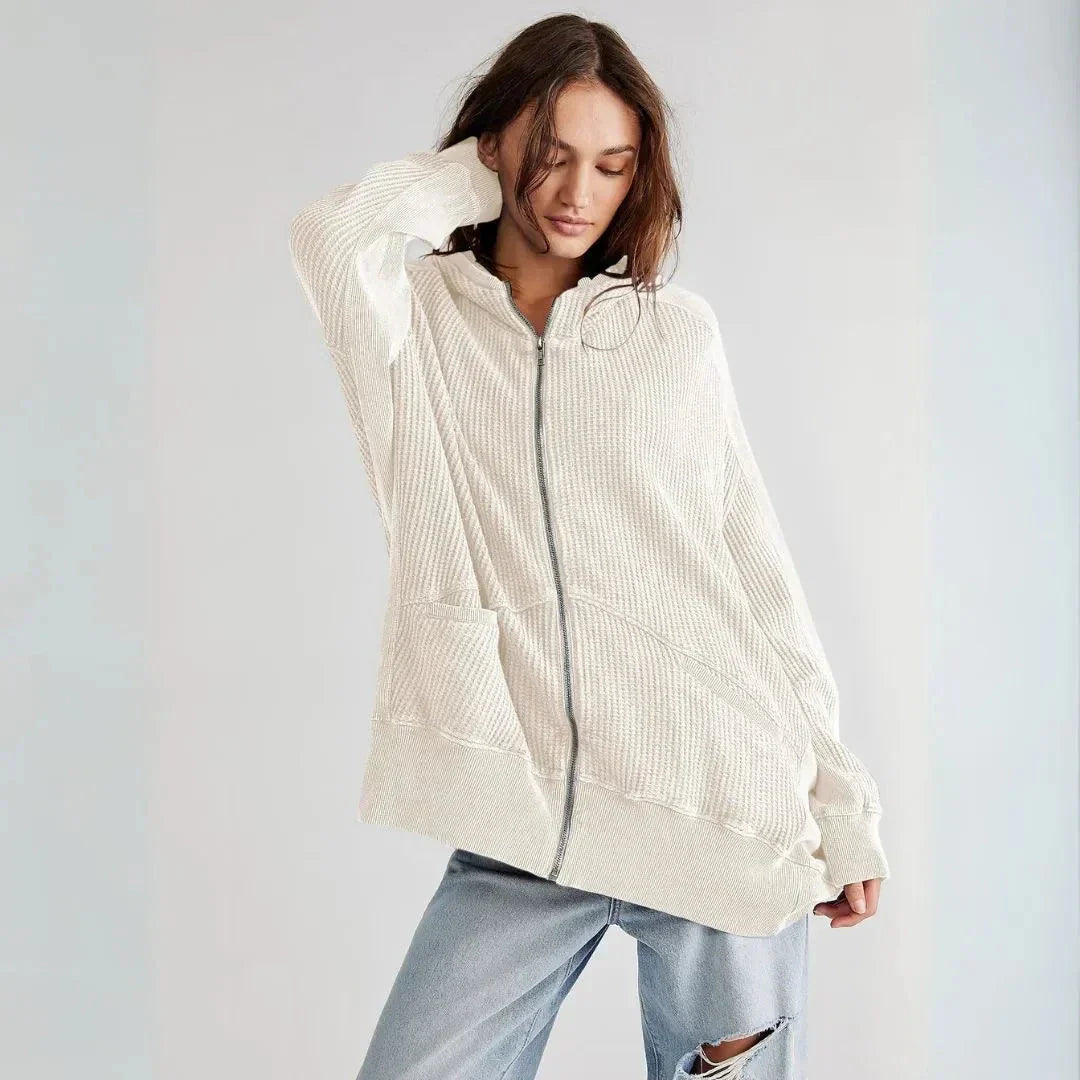Clarrise Oversized Waffle-Knit Zip Hoodie