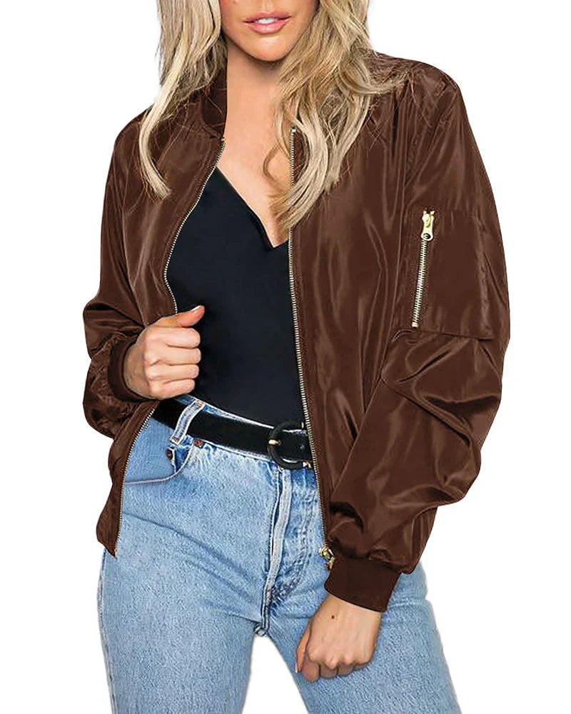 Street Wave Classic Elegant Bomber Jacket With Pockets For Women All Occasions Versatile Everyday