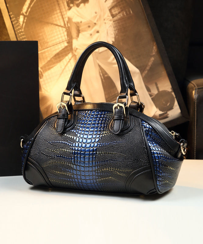 Sac fourre-tout élégant et polyvalent en cuir de veau noir et bleu - Street-Wave