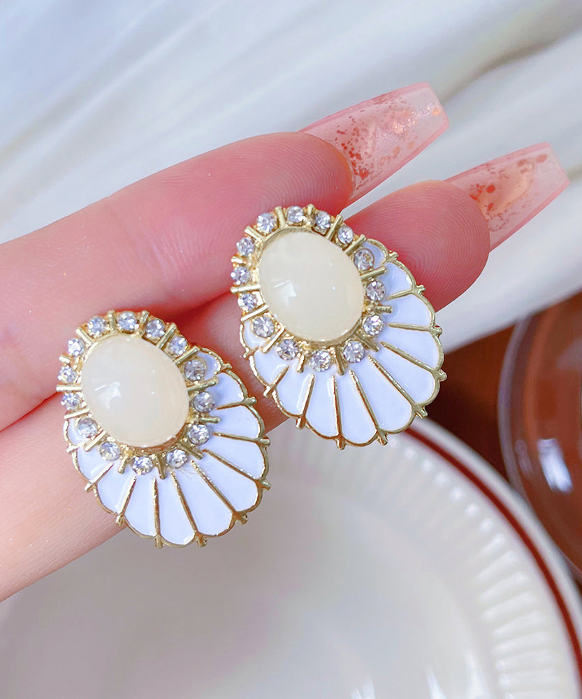 Boucles d'oreilles puces élégantes en forme d'éventail, en alliage de cuivre blanc, zircon et perle. - Street-Wave