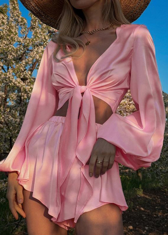 Ensemble deux pièces élégant en soie glacée rose à lacets pour l'été - Street-Wave