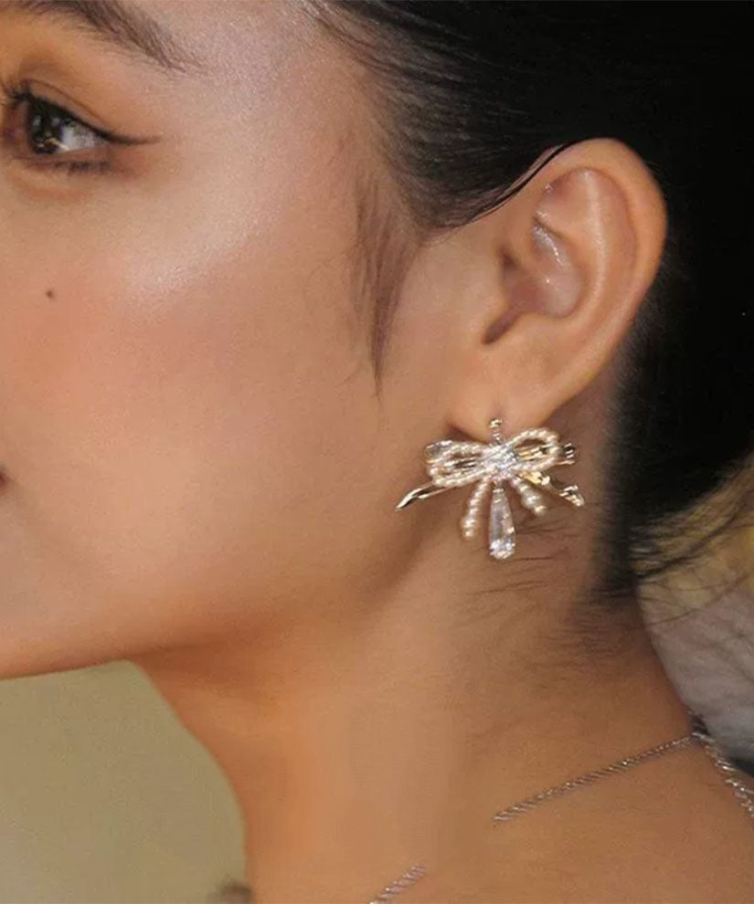 Boucles d'oreilles à tige élégantes en soie, cuivre, zircon, perle et goutte d'eau - Street-Wave