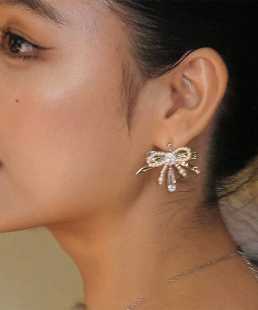 Boucles d'oreilles à tige élégantes en soie, cuivre, zircon, perle et goutte d'eau - Street-Wave