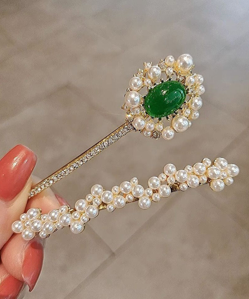 Ensemble élégant de deux épingles à cheveux en cuivre blanc surdoré, zircon, perle et émeraude - Street-Wave