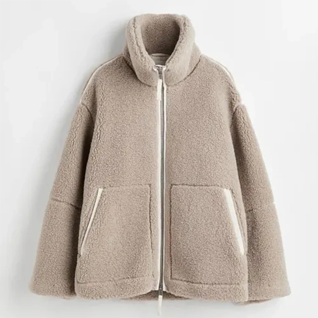 Street Wave Cozy Loose Fit High Collar Sherpa Jacket For Urban Casual Wear And All Season Warmth