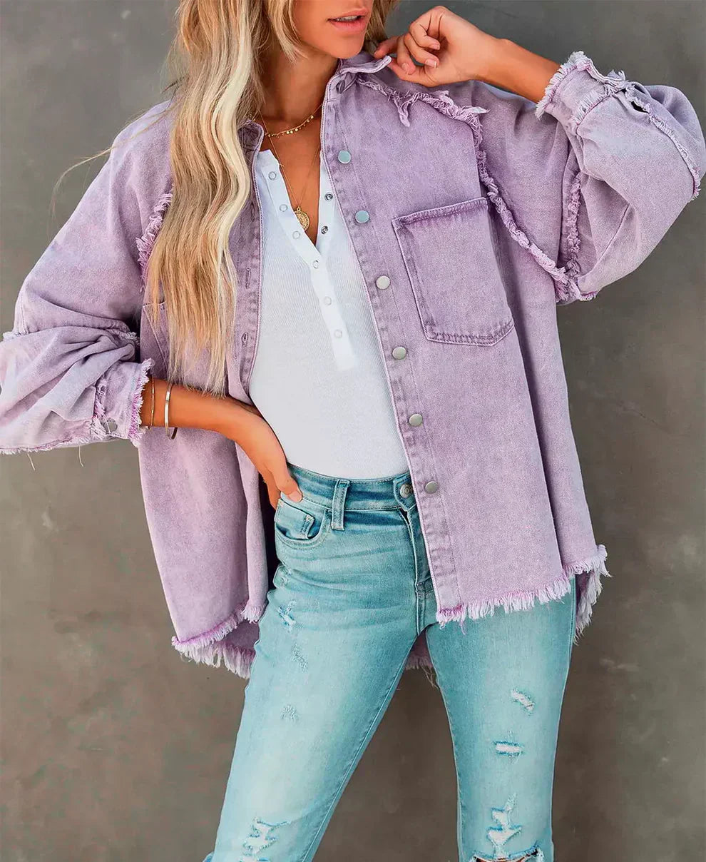 Street-Wave Lavender Oversized Shirt for Women, Effortless Chic, Comfortable Fit, Frayed Hem