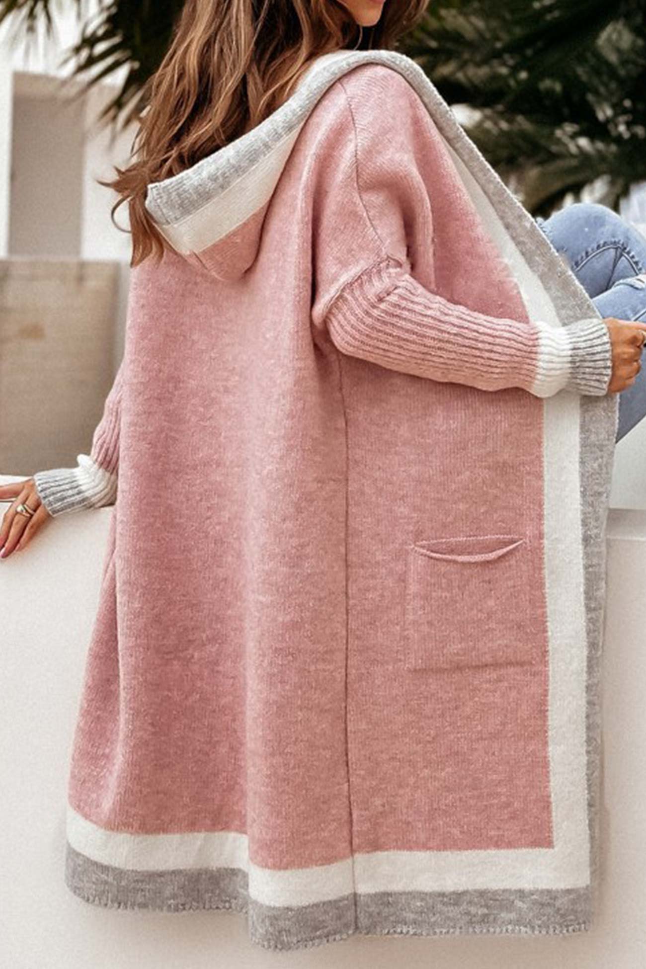 Street-wave Hooded Cardigan Cozy Pink Stripe Knit for Women Trendsetters Autumn Essential
