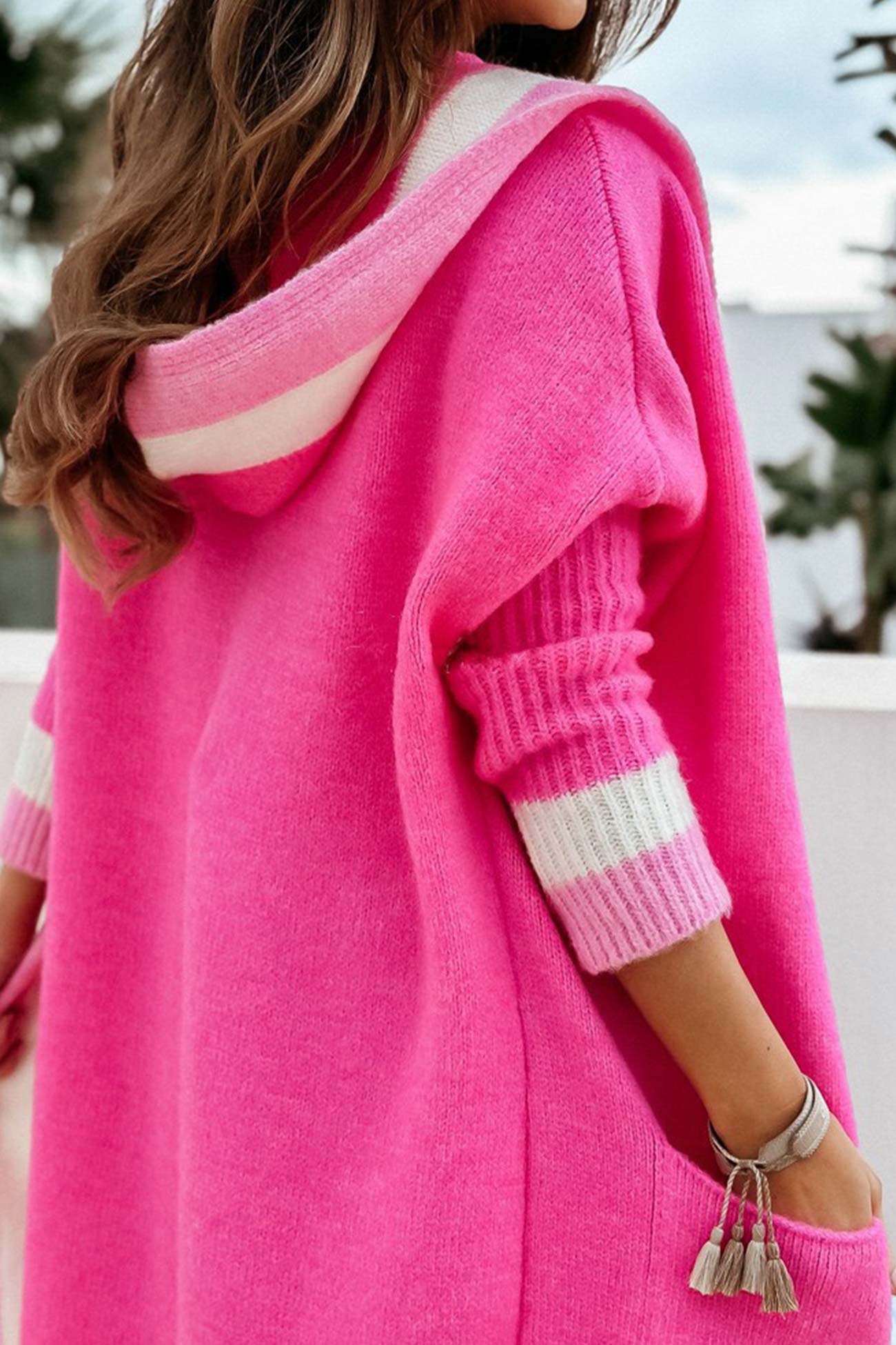 Street-wave Hooded Cardigan Cozy Pink Stripe Knit for Women Trendsetters Autumn Essential
