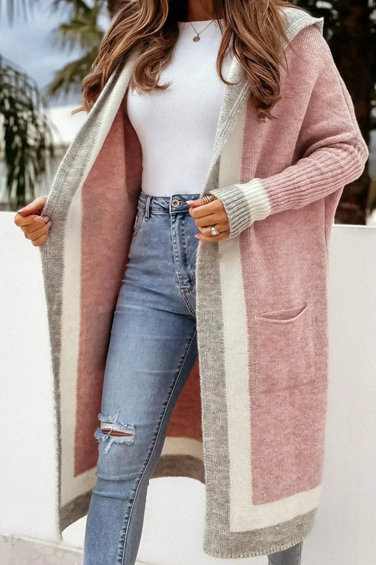 Street-Wave Long Cardigan With Contrasting Hoodie Pullover Open Front Women’s Cozy Knit