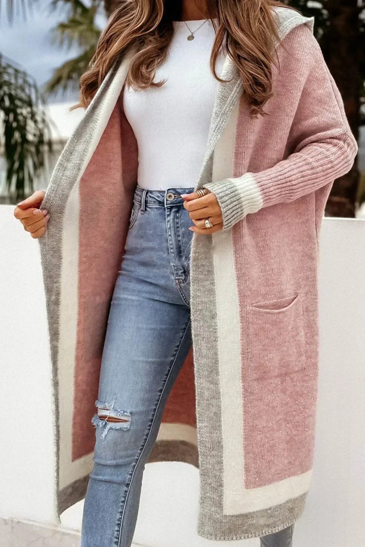 Street-wave Hooded Long Cardigan For Women, Cozy Stylish Lightweight Knit In Pink With White Stripe