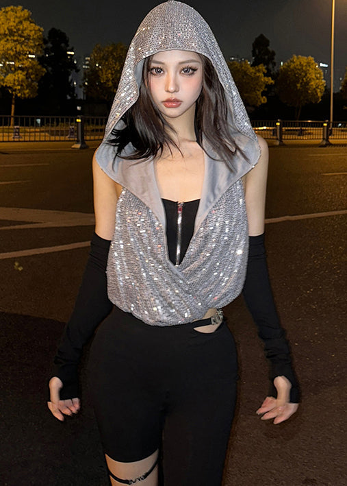 Ensemble deux pièces t-shirt à capuche et col zippé à paillettes - Street-Wave