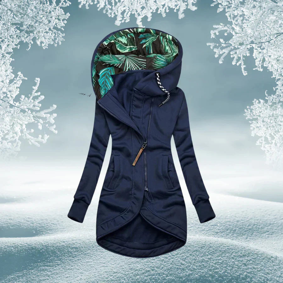 Street-Wave Womens Hooded Long Coat With Zippered Pockets For Fall Winter Warmth