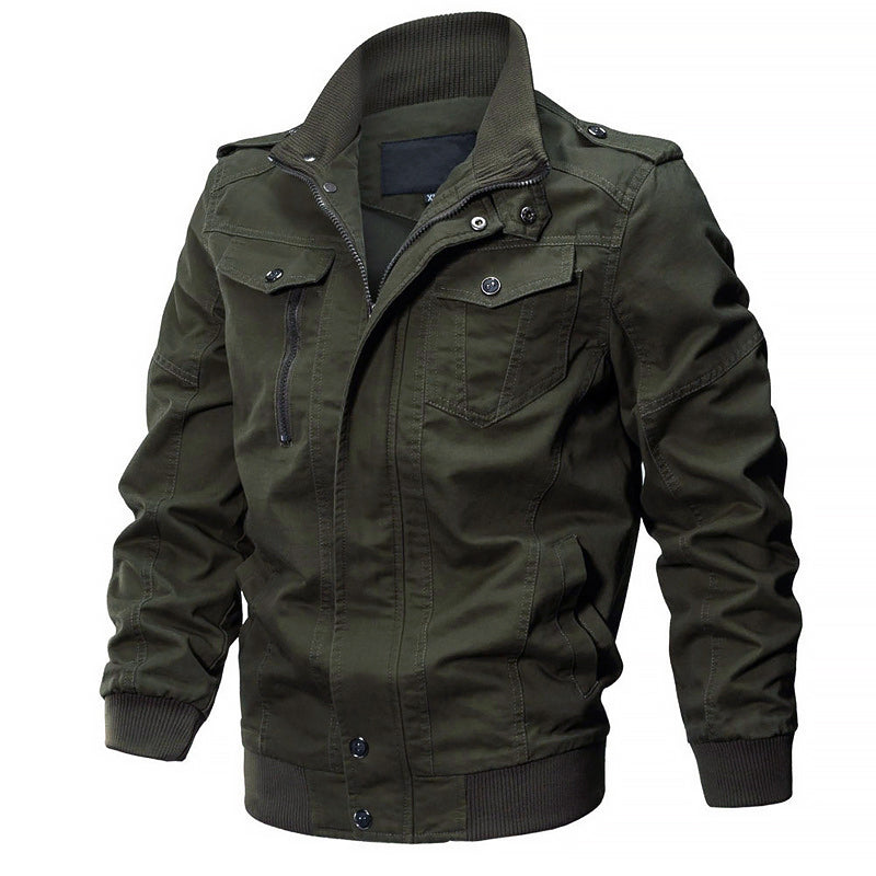 Mens Cotton Military Bomber Jacket By Street-Wave Durable Shell Elastic Cuffs Zipper And Button Closure Multiple Pockets