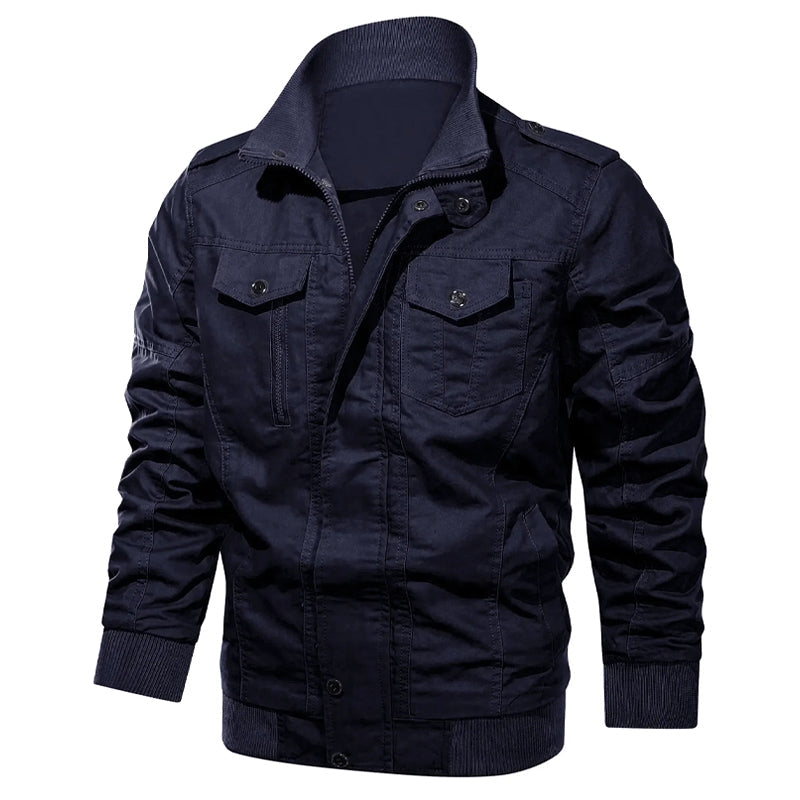 Mens Cotton Military Bomber Jacket By Street-Wave Durable Shell Elastic Cuffs Zipper And Button Closure Multiple Pockets