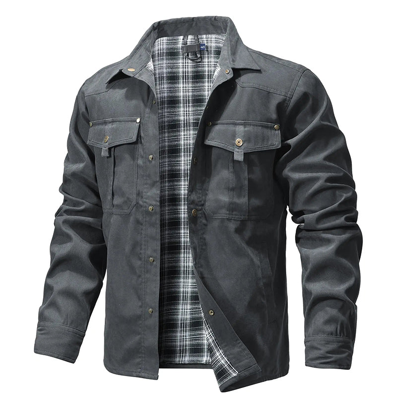 Mens Cowboy Flannel Lined Shirt Jacket With Red Plaid Lining Front Chest Pockets Durable Western Outerwear