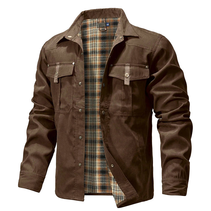 Mens Cowboy Flannel Lined Shirt Jacket With Red Plaid Lining Front Chest Pockets Durable Western Outerwear