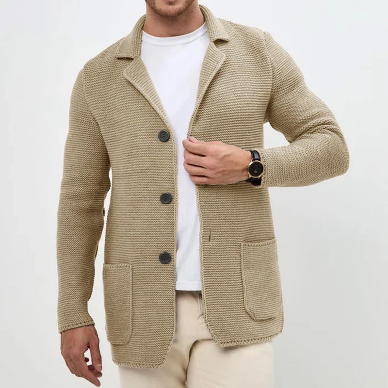 Street-Wave Cozy Button-Front Knitted Men's Cardigan With Turn-Down Collar And Pockets
