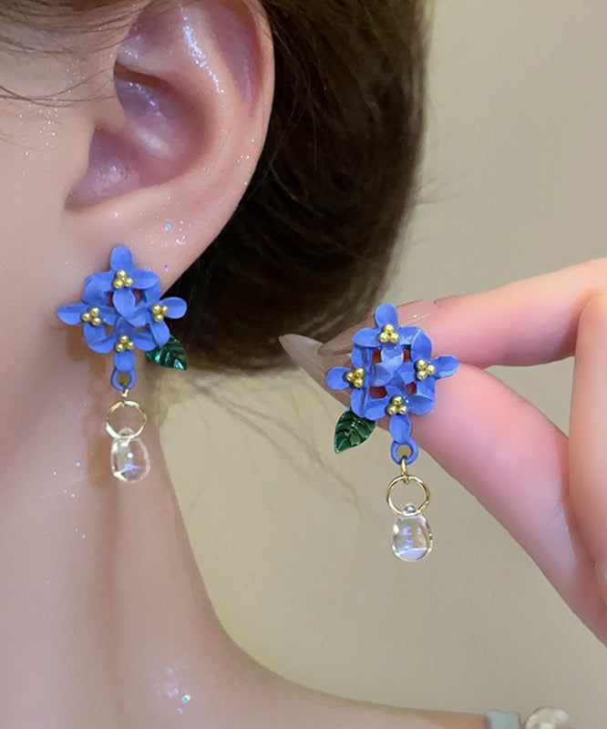 Boucles d'oreilles pendantes en résine et alliage bleu, motif floral, émail cuit - Street-Wave