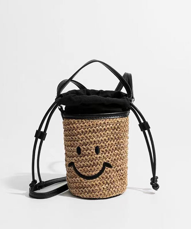 Sac seau en paille tissée avec cordon de serrage et joli sourire kaki - Street-Wave
