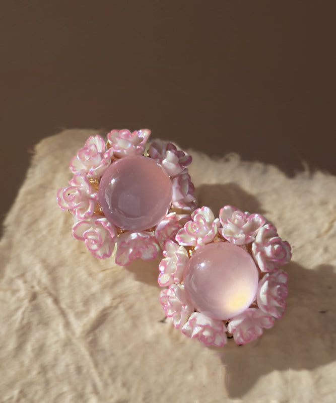 Boucles d'oreilles à tige florales en alliage rose avec pierre œil de chat incrustée - Street-Wave