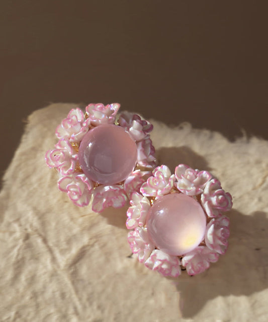 Boucles d'oreilles à tige florales en alliage rose avec pierre œil de chat incrustée - Street-Wave