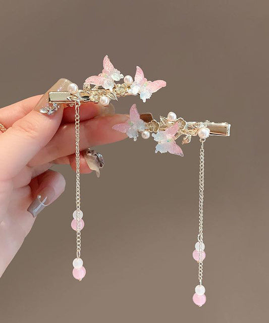 Jolie épingle à cheveux à pompon en alliage rose avec perles et papillon - Street-Wave