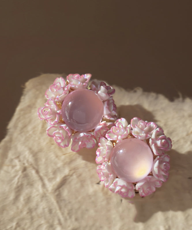 Boucles d'oreilles à tige en résine et alliage de cuivre rose avec motif floral œil de chat - Street-Wave