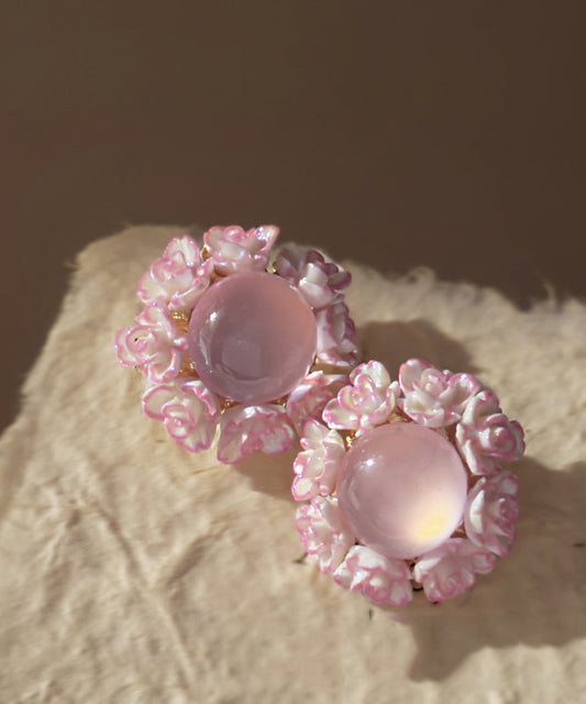 Boucles d'oreilles à tige en résine et alliage de cuivre rose avec motif floral œil de chat - Street-Wave