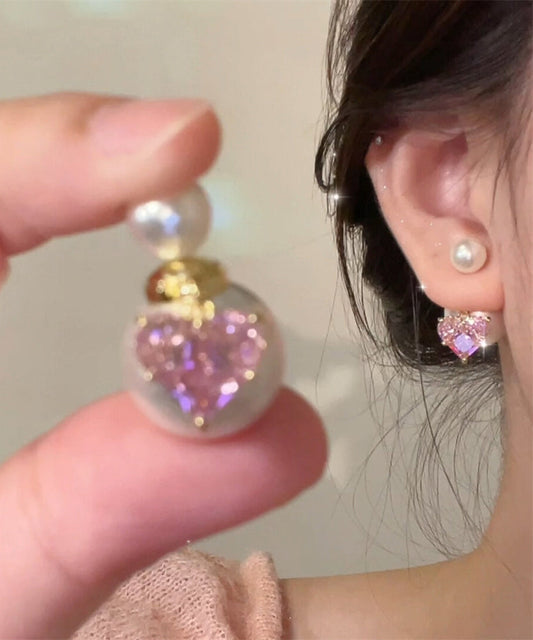 Boucles d'oreilles à tige en alliage de cuivre rose avec perles d'amour en zircon - Street-Wave