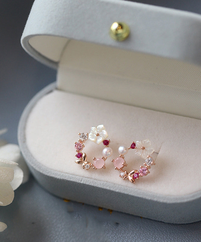 Jolies boucles d'oreilles créoles florales en zircon rose surdoré - Street-Wave