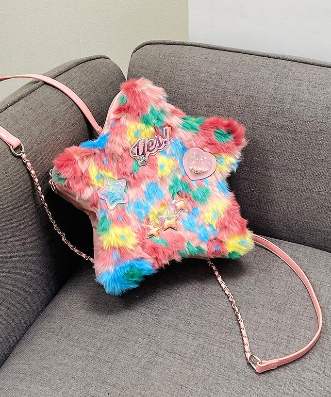 Sac à dos en fausse fourrure patchwork rose à cinq branches pour fille - Street-Wave