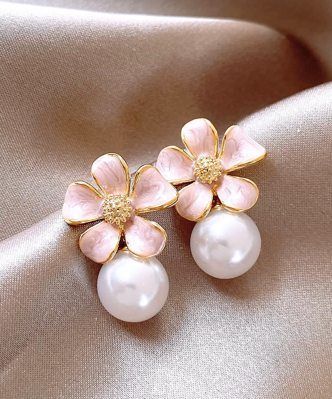 Boucles d'oreilles puces mignonnes en alliage de métal rose avec perles et effet floral coulant - Street-Wave