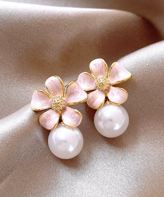 Boucles d'oreilles puces mignonnes en alliage de métal rose avec perles et effet floral coulant - Street-Wave