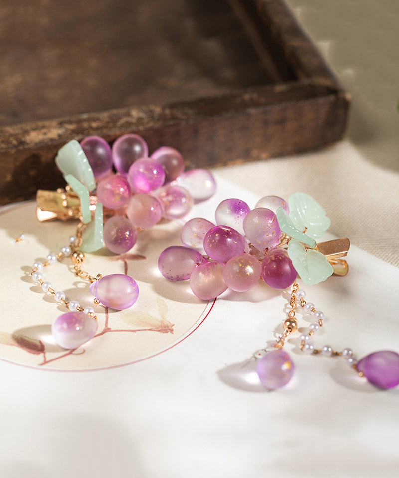 Jolie paire d'épingles à cheveux en jade et cuivre violet surdoré avec pompon en forme de raisin - Street-Wave