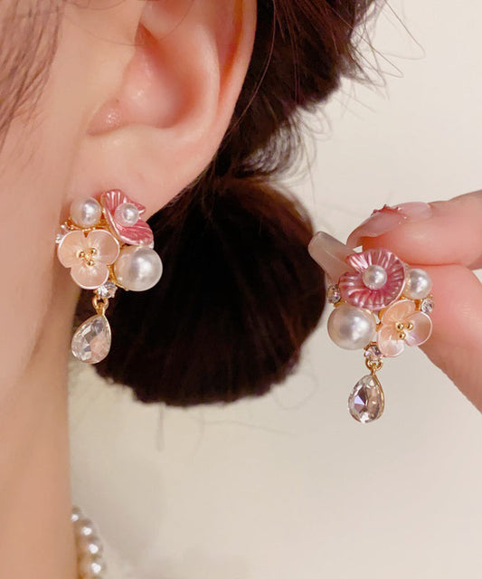 Boucles d'oreilles pendantes en cuivre doré arc-en-ciel, zircon, perle et motif floral en forme de goutte d'eau - Street-Wave
