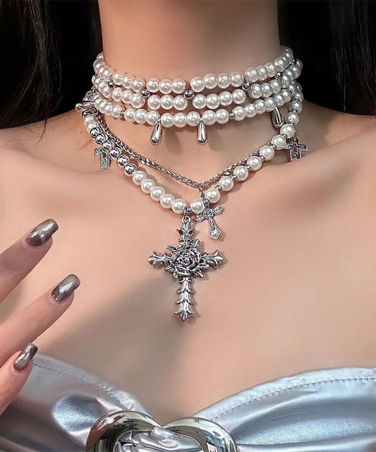 Joli collier de perles blanches en alliage multicouches avec croix graduée - Street-Wave