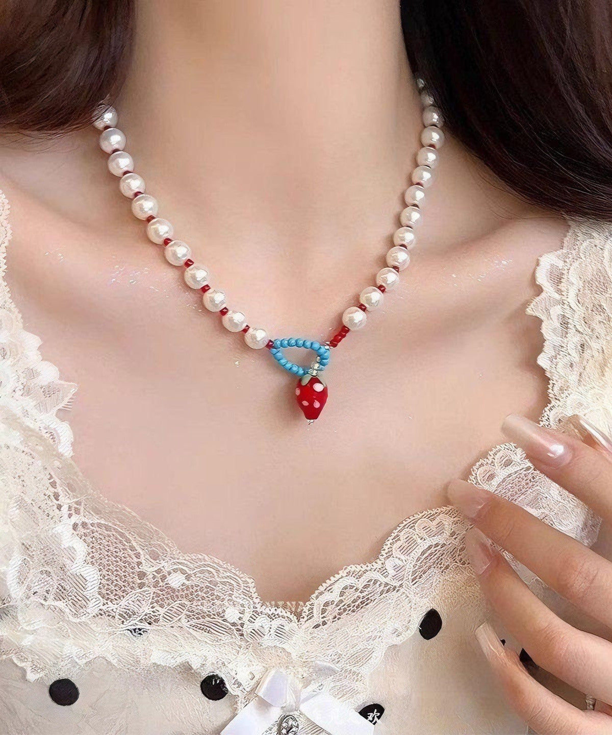 Joli collier princesse en alliage blanc avec perles et fraises - Street-Wave