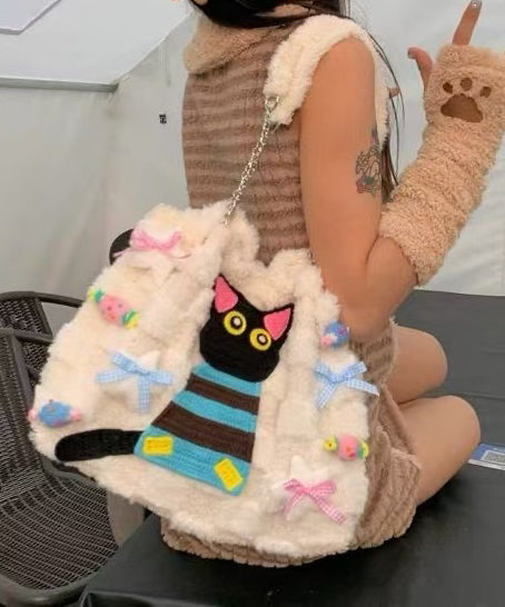 Sac à rabat en fourrure duveteuse brodée de chat blanc mignon pour filles - Street-Wave
