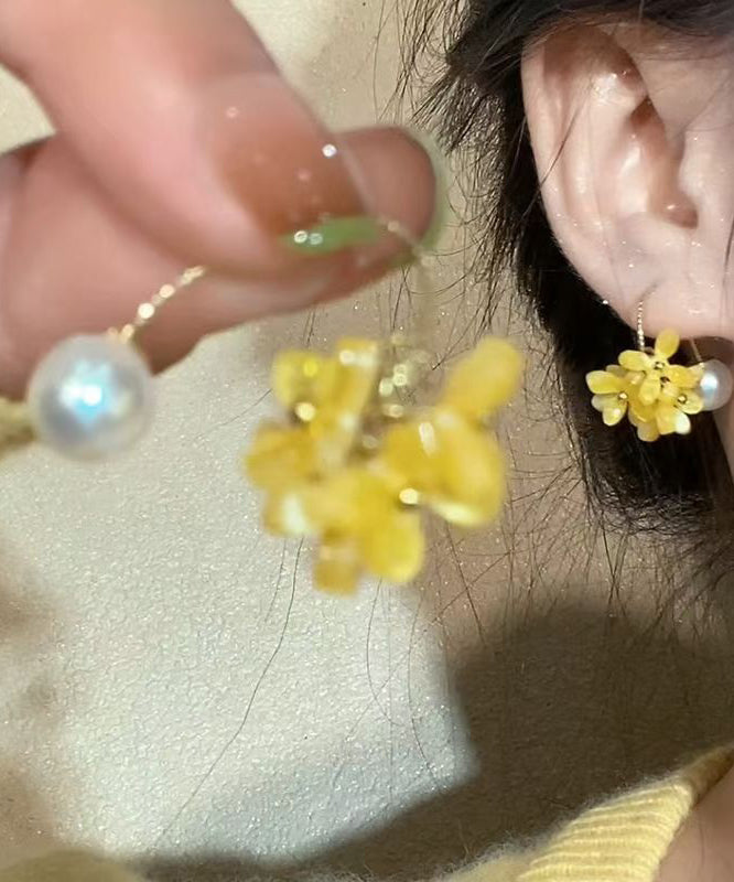 Boucles d'oreilles créoles florales en perles acryliques jaunes cuivrées - Street-Wave