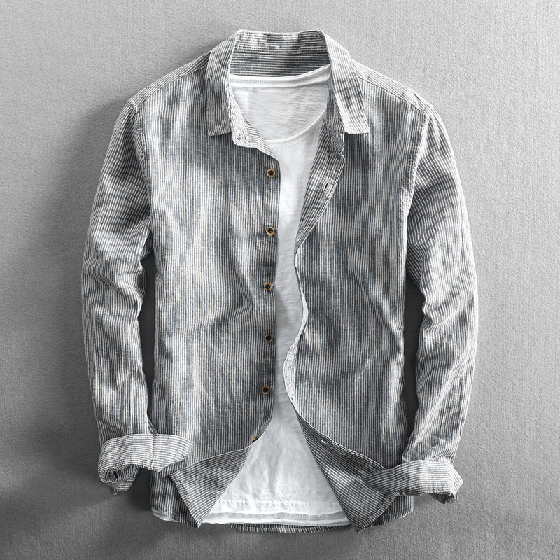 Street Wave Men's Breathable Cotton Linen Striped Shirt